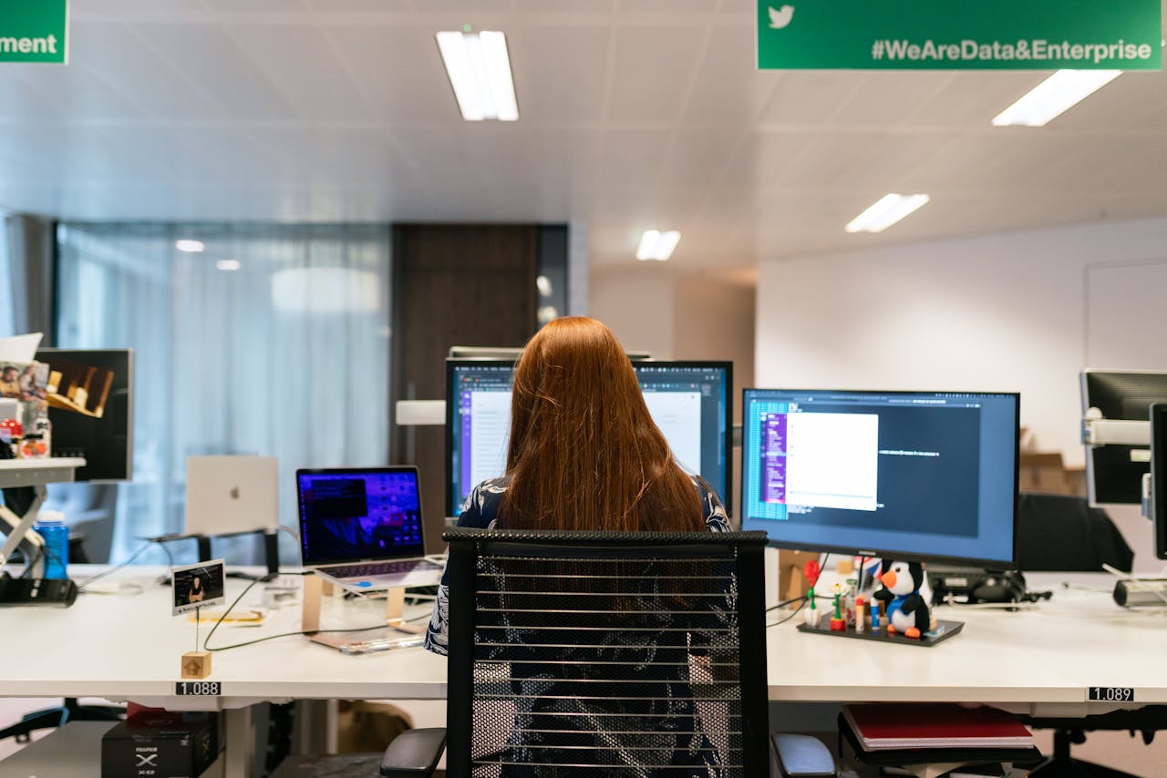 programs-01 Back view of a female software engineer working at a multi-monitor setup in an office.
